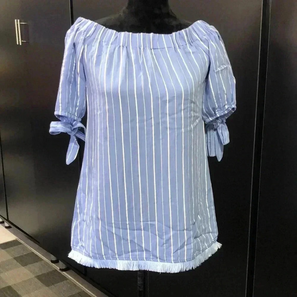 Lily Rain Off The Shoulder,vertical stripe,short sleeve,cotton,frayed hemline - Picture 1 of 9